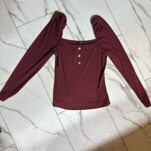 SHEIN Burgundy Long-Sleeve Square Neck Top with Button Accents